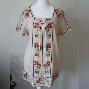 orange creek Cream Embroidered Peasant Top with Red, Gree& Yellow Floral Accents